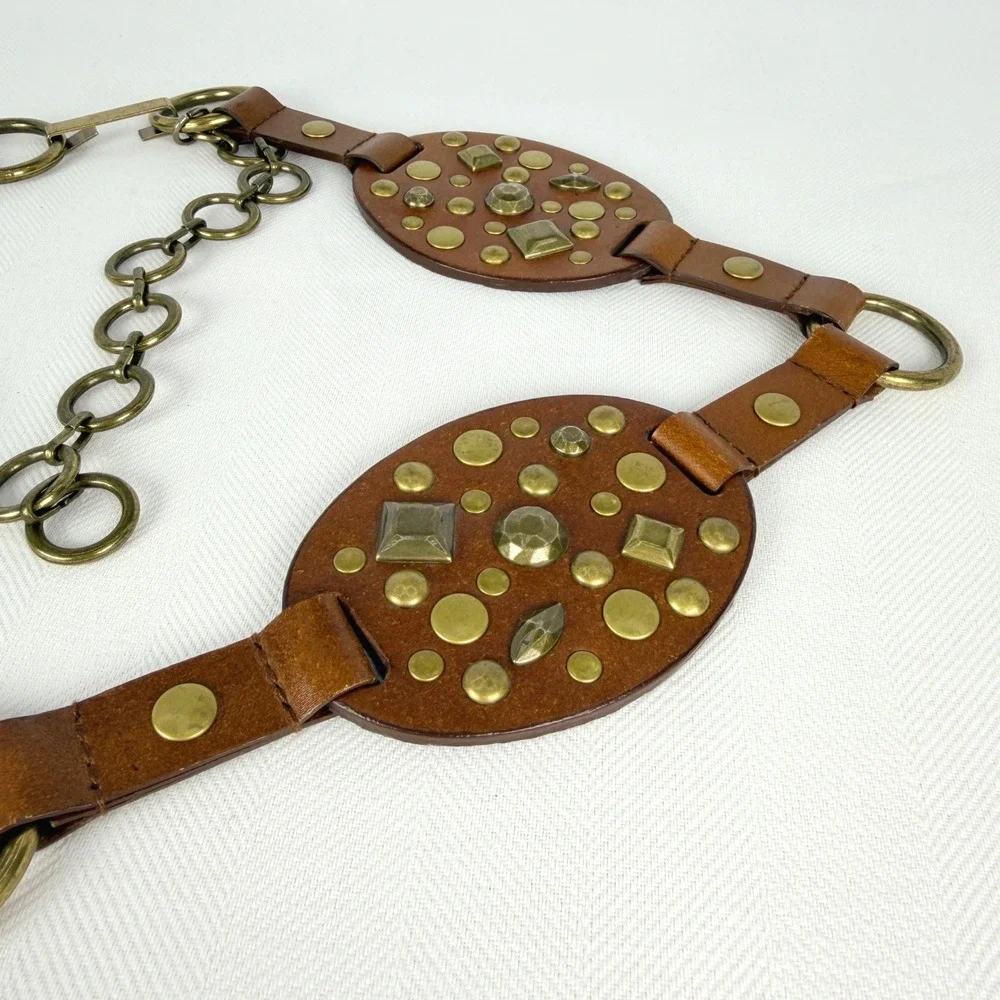 Boho Fossil Brown Leather Studded Chain Belt Vintage Brass Hardware O-Ring Large